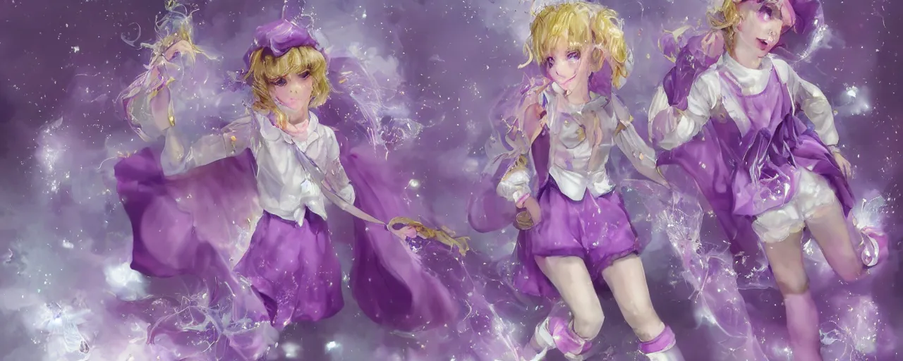 Image similar to A character sheet of a very cute magical girl with short blond hair wearing an oversized purple Beret, Purple overall shorts, Short Puffy pants made of silk, pointy jester shoes, a big scarf, and white leggings. Rainbow accessories all over. Flowing fabric. Covered in stars. Short Hair. Art byy Seb McKinnon and WLOP and Artgerm and william-adolphe bouguereau. Fashion Photography. Decora Fashion. harajuku street fashion. Kawaii Design. Intricate, elegant, Highly Detailed. Digital Art. Fantasy. Concept Art. Smooth, Sharp Focus, Illustration Photo real. realistic. Soft Lighting. 4K. UHD. Denoise.