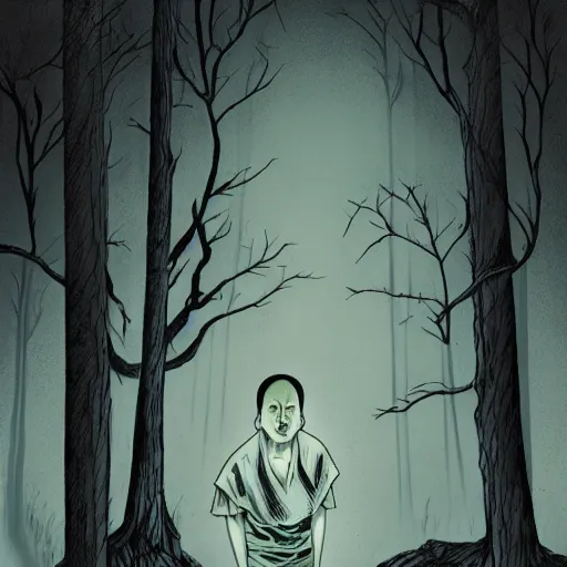 Image similar to in the style of junji ito, rafael albuquerque, shinsui ito, transparent ghost screaming, in the woods, moody lighting