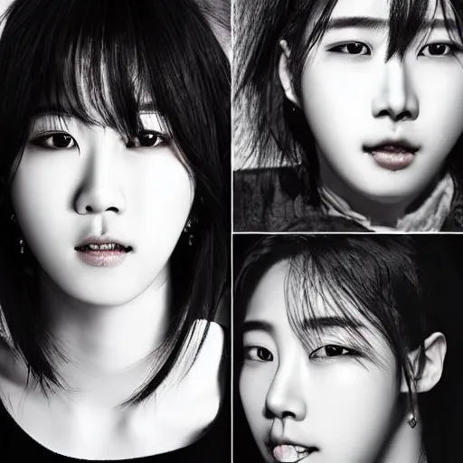 Image similar to hyper realistic k - pop idol black and white portrait with facial scars