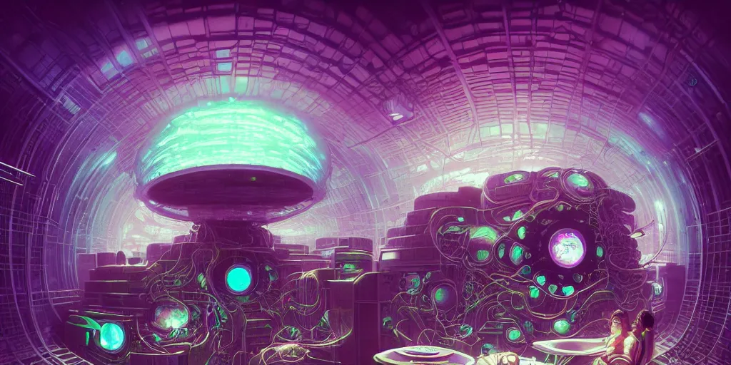 Prompt: massive iridescent brains powering a server room, connected to cables and a powerfull mothership, symmetrical, vintage soft grainy, dark synthwave, in the style of Oscar chichoni and Peter mohrbacher and Dawid planet