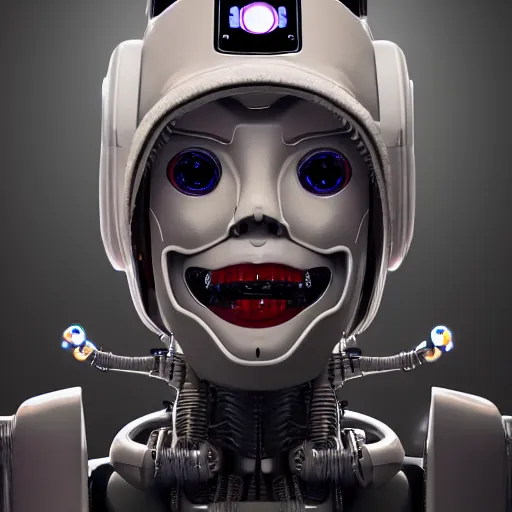 Image similar to portrait of a robot that is a soundcloud robot full of face tattoos and grills in its teeth, stunning photo, cinematic lighting, perfect composition, 8K, ultra-detailed , Trending on artstation, Octane render, Unreal Engine, highly detailed