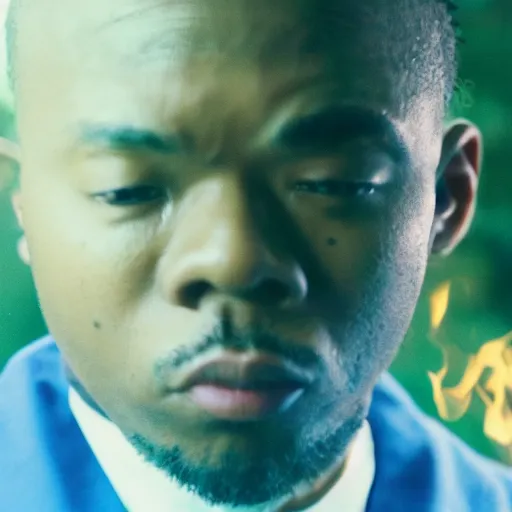 Image similar to cinematic film still of rapper JID starring as a Japanese Sensei with fire, Japanese CGI, VFX, 2003, 40mm lens, shallow depth of field, film photography