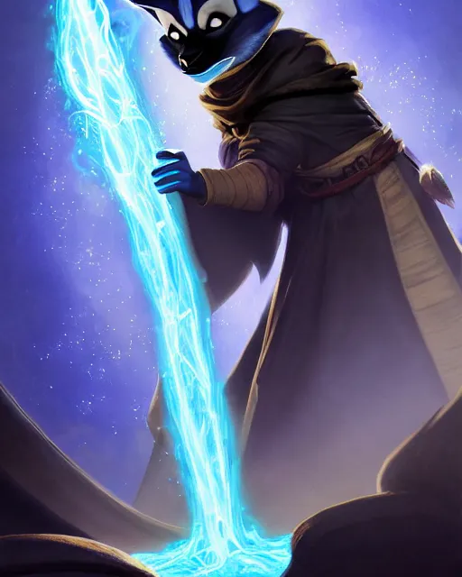 Image similar to closeup, highly detailed digital illustration portrait of hooded priest sorcerer druid necromancer sly cooper rocket the raccoon casting a magical energy sparkling swirling blue glowing spell in an ancient castle, action pose, d & d, magic the gathering, by rhads, frank frazetta, lois van baarle, jean - baptiste monge, disney, pixar,