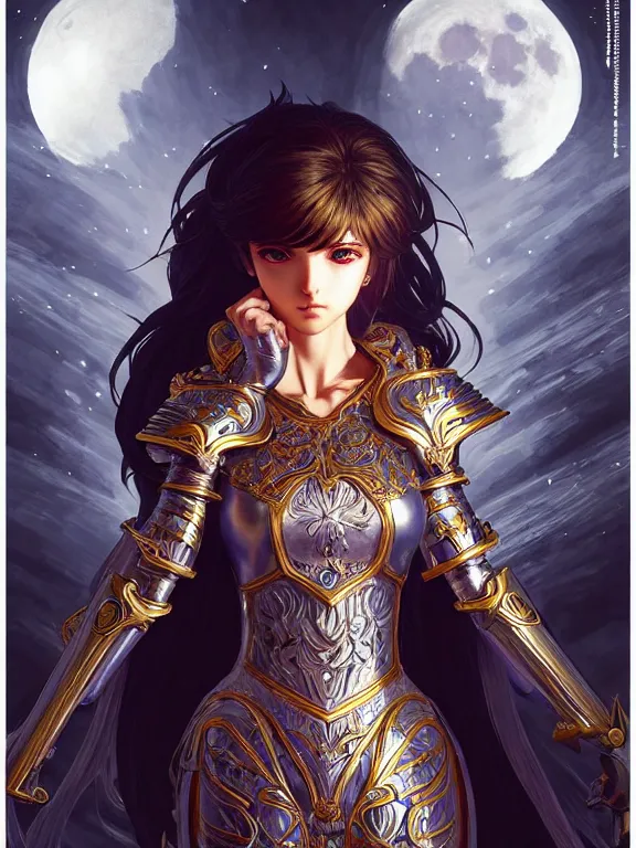 Prompt: full body picture of a moon knightress in the temple, coveted, beautiful and aesthetic, intricate, unreal engine, messy hair, highly detailed, detailed face, smooth, sharp focus, chiaroscuro, manga illustration, artgerm, greg rutkowski, ilya kuvshinov, rossdraws, alphonse mucha, young adult light novel cover art