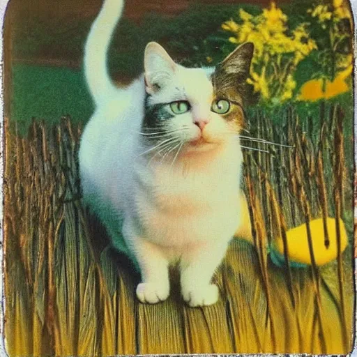 Prompt: a cat in a garden, sunset, Pastel tones, polaroid photo, by Warhol, - n 6