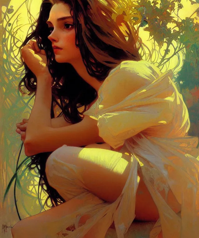 Image similar to beautiful woman painting by greg ruthowski, alphonse mucha, henry ascensio, craig mullins, intricate and detailed