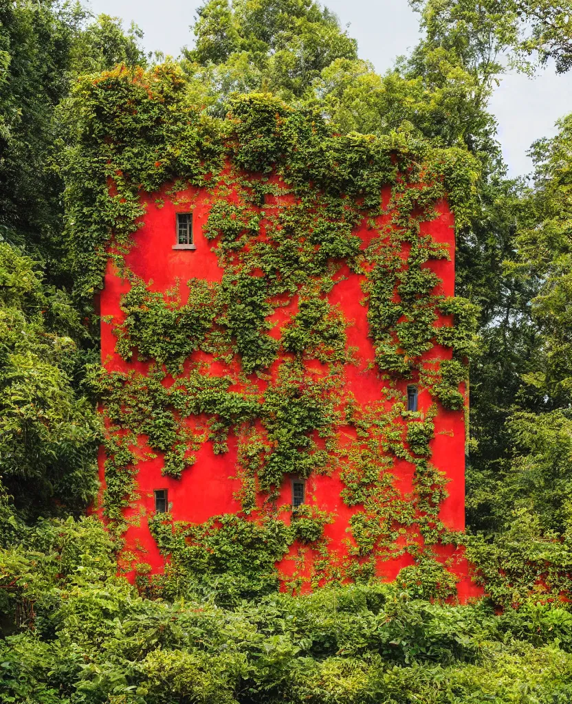 Prompt: a red and orange and yellow concrete house surrounded by rampant vine growth, in a castle garden, dappled sunlight, 35mm photography, in the style of david chipperfield and gregory crewdson
