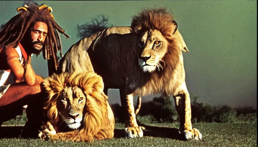 Image similar to 7 0 s film still from a movie about a rastafarian and his pet lion, kodachrome, cinecolor, cinestill, film grain, film texture, retro, cinematic, high resolution, photorealism,