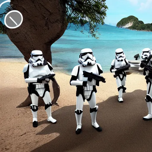 Image similar to storm troopers on holiday in thailand, 4 k, photorealistic, artstation, detailed.