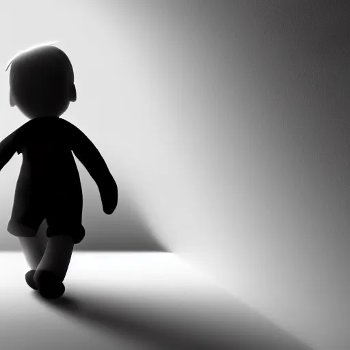 Prompt: cute fumo plush of a boy casting a long shadow from an open door, shadow and light, outline glow, lens flare, black and white, vray