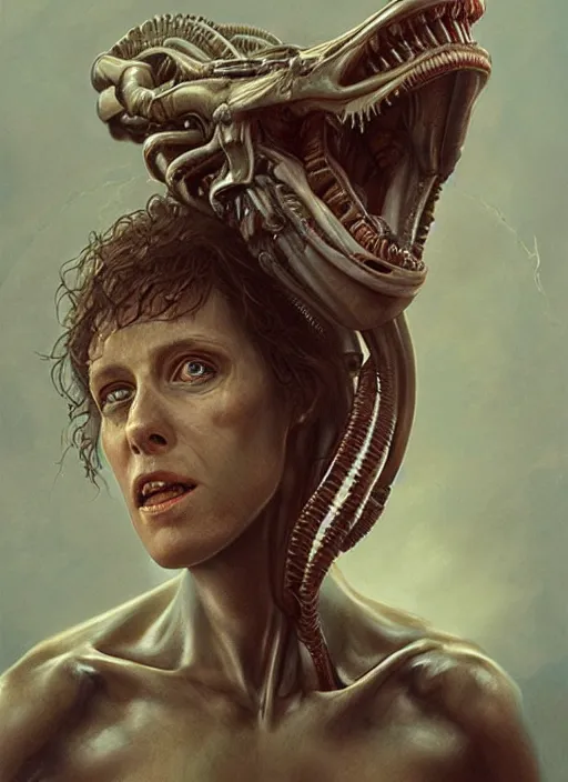 Image similar to a hyper detailed face portrait of ellen ripley becoming a xenomorph, by tom bagshaw, by zdzisław beksinski, trending on artstation