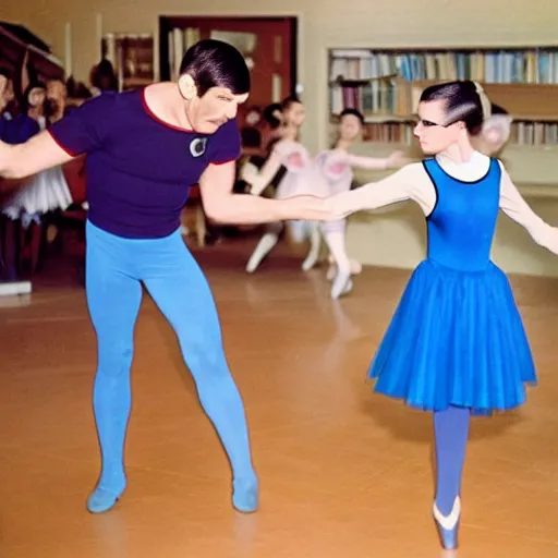 Prompt: mr spock wearing a blue tutu taking ballet lessons from a female klingon ballet teacher
