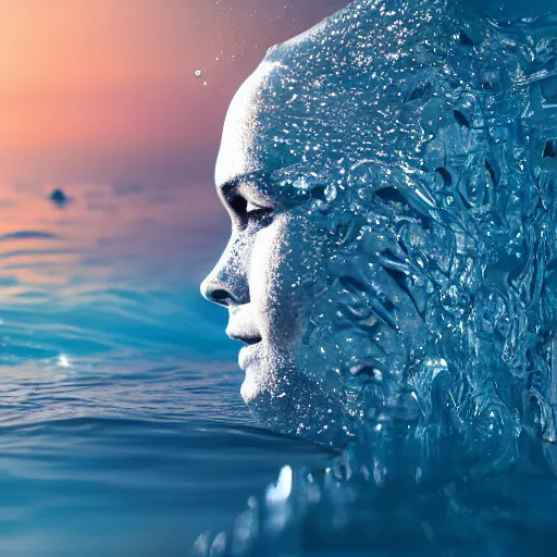 Prompt: water artwork manipulation in the shape of a human head, on the ocean water, ray tracing, realistic water sharp focus, long shot, 8 k resolution, cinematic, photoshop water art