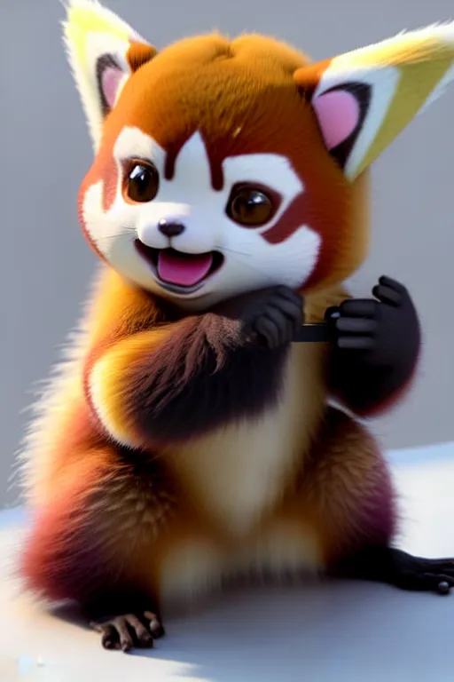 Image similar to high quality 3 d render hyperrealist very cute pastel fluffy! red panda & tarsier hybrid eating giant ice cream full body, vray smooth, in the style of detective pikachu, charlie immer, very dramatic light, low angle, uhd 8 k, shallow depth or field