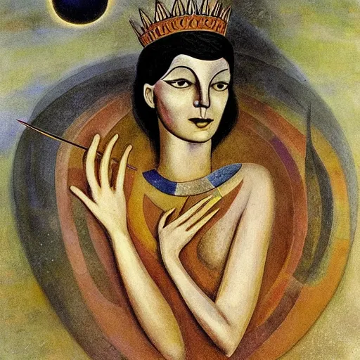 Image similar to In the name of Artemixel, the modern reincarnation of the old selenium god of hunt and moon (Selene), also known as Artemis, carrying the crown of the crescent moon. Golden bow and arrows surround her. And she is crowned by a bright and slightly bluish crescent like the brightness of the night. Portrait by Remedios Varo, oil on canvas
