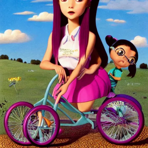 Image similar to ariana grande on a tricycle, lowbrow painting by mark ryden and pixar and hayao miyazaki