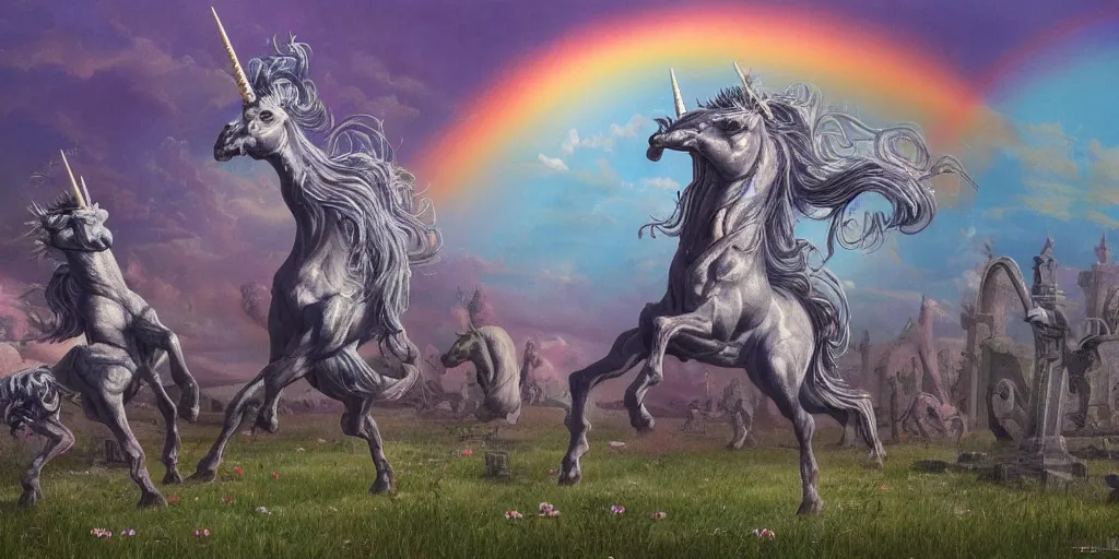 Prompt: A beautiful detailed mate painting Unicorns dancing under a rainbow on a graveyard' by Wayne Barlowe, existential horror, Trending on cgsociety artstation, highly detailed, 8k, masterpiece, in the style of DiscoDiffusion.