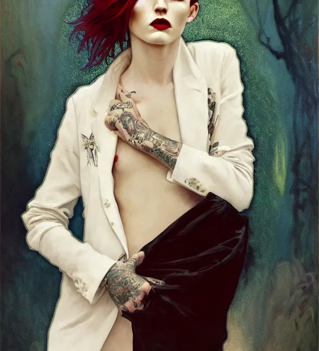 Image similar to stunning portrait of highly details androgynous ruby rose as desire from sandman, rockabilly style, by ego shield, by alphonse mucha, by jeremy mann, by peter lindbergh, dave mckean, by maurice sapiro, by frank moth, white suit and black tie, soft lightning, high detailed, 8 k