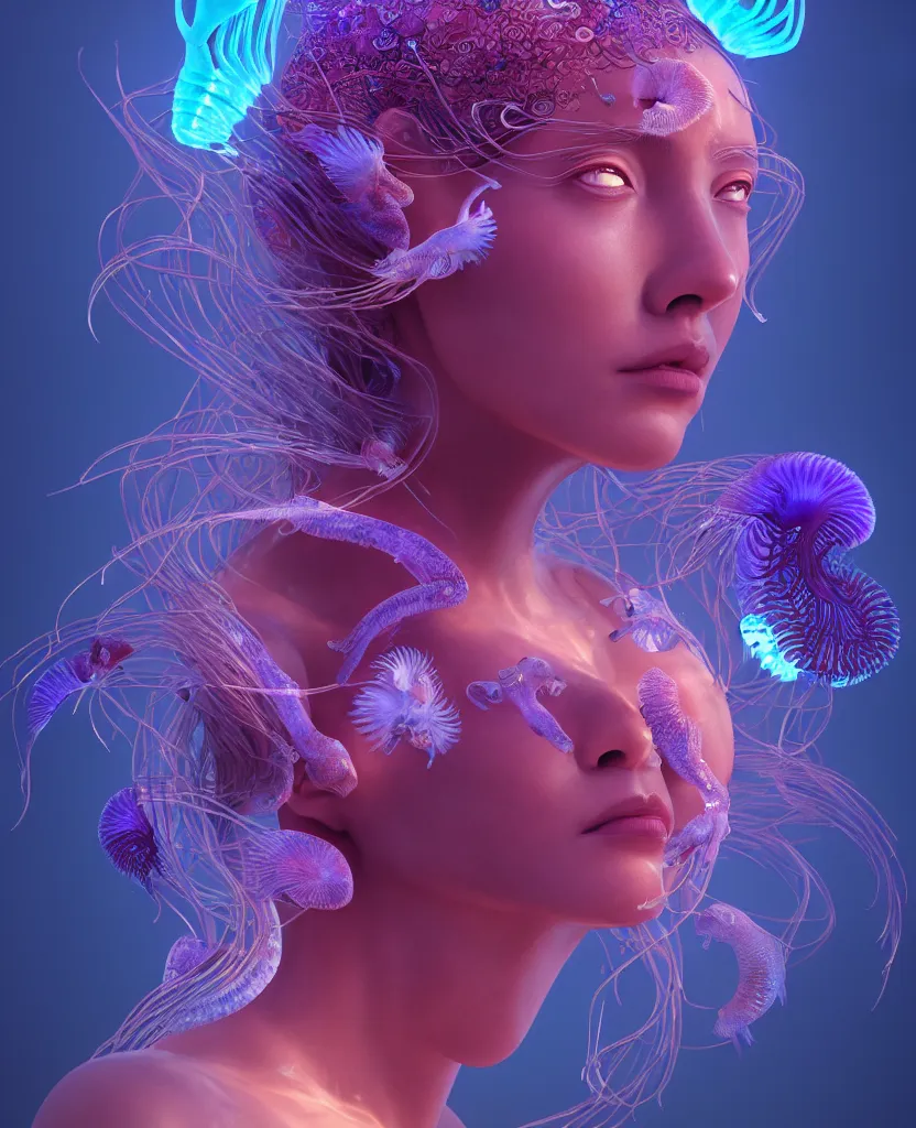 Image similar to goddess close-up portrait. orchid jellyfish phoenix head, nautilus, skull, betta fish, bioluminiscent creatures, intricate artwork by Tooth Wu and wlop and beeple. octane render, trending on artstation, greg rutkowski very coherent symmetrical artwork. cinematic, hyper realism, high detail, octane render, 8k