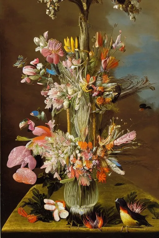 Image similar to painting of paradise birds flowers in a vase on a table, by rachel ruysch, ernst haeckel, audubon, dutch golden age, pop surrealism, biomorphic, made of birds and feathers