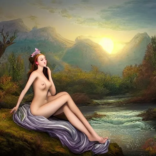 Image similar to a very beautiful fantasy nymph on the bank of a river with morning sunrise in the distance and jagged faded mountains beyond