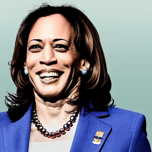 Image similar to kamala harris portrait photo, alternate reality gang prison tattoo face, gold teeth