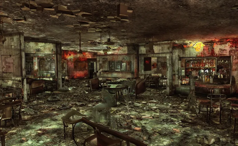 Prompt: horror photography of the rundown ruins of a 5 0 s bar in a tacky casino in fallout new vegas by lori nix, hdr, unreal engine