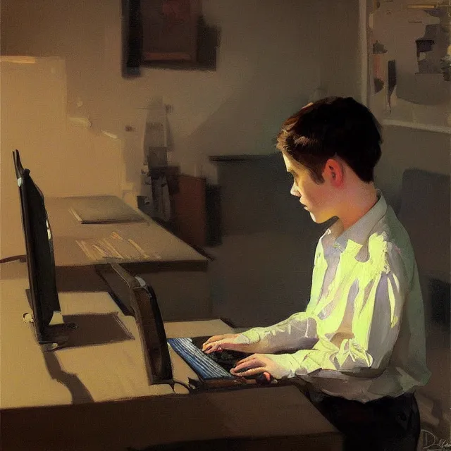 Image similar to boy on computer dark room, elegant, intricate, digital painting, artstation, concept art, smooth, sharp focus, illustration, art by konstantin korovin and daniel f. gerhartz and john howe