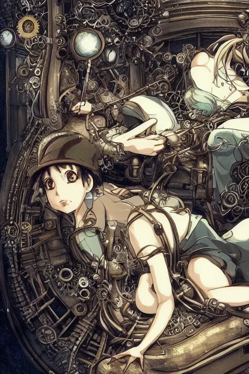 Prompt: anime style illustration, old sick dragon on a steam punk fainting couch with wires and gears and steam punk apparatus, artstation, matte painting, style of studio ghibli, featured in artstation and artgerm and pixiv, award winning, cinematic, elegant, intricate, 8 k
