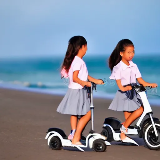 Image similar to very detailed stockphoto of two! little girls wearing a grey school uniform riding a scooter along the beach road