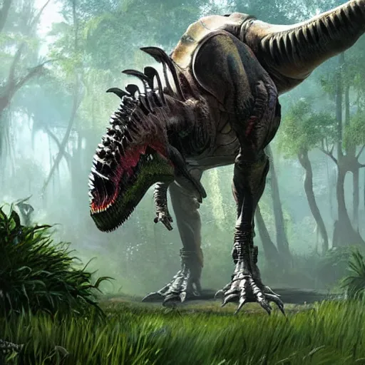 Prompt: A part cyborg part dinosaur hybrid of a T-Rex strolling along a lush green forest from the playstation 5 game Horizon Zero Dawn world, half cyborg T-Rex, sci-fi concept art, highly detailed, oil on canvas by James Gurney