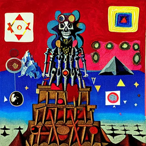 Prompt: pixel decollage painting tarot devil card composition tower of babel road red armor maggot bear and wonky alien frog skeleton knight on a horse in a dark red cloudy night sky with golden foil jewish stars, occult symbols and diamonds, mountain lake and blossoming field in background, painted by Mark Rothko, Helen Frankenthaler, Danny Fox and Hilma af Klint, pixelated, neo expressionism, semi naive, pastel colors, cinematic, color field painting, cave painting, voxel, pop art look, outsider art, minimalistic. Bill Traylor painting, part by Philip Guston and Francis Bacon. art by Adrian Ghenie, very coherent symmetrical artwork, cinematic, hyper realism, high detail, octane render, unreal engine, Smooth gradients, depth of field, full body character drawing, extremely detailed, 8k, extreme detail, intricate detail, masterpiece