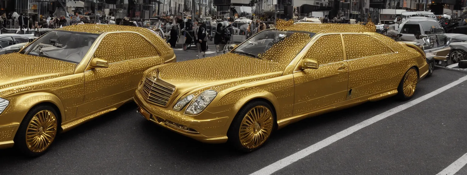 Image similar to a very luxurious, golden mercedes studded with diamonds,