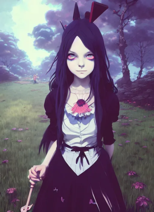 Image similar to portrait of gothic alice from wonderland, cloudy sky background lush landscape illustration concept art anime key visual trending pixiv fanbox by wlop and greg rutkowski and makoto shinkai and studio ghibli