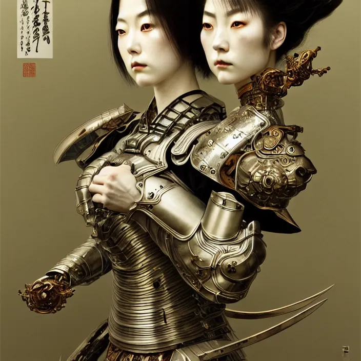 Prompt: japanese porcelain cyborg, Japanese porcelain samurai armor, diffuse lighting, fantasy, intricate, elegant, highly detailed, lifelike, photorealistic, digital painting, artstation, illustration, concept art, smooth, sharp focus, art by John Collier and Albert Aublet and Krenz Cushart and Artem Demura and Alphonse Mucha