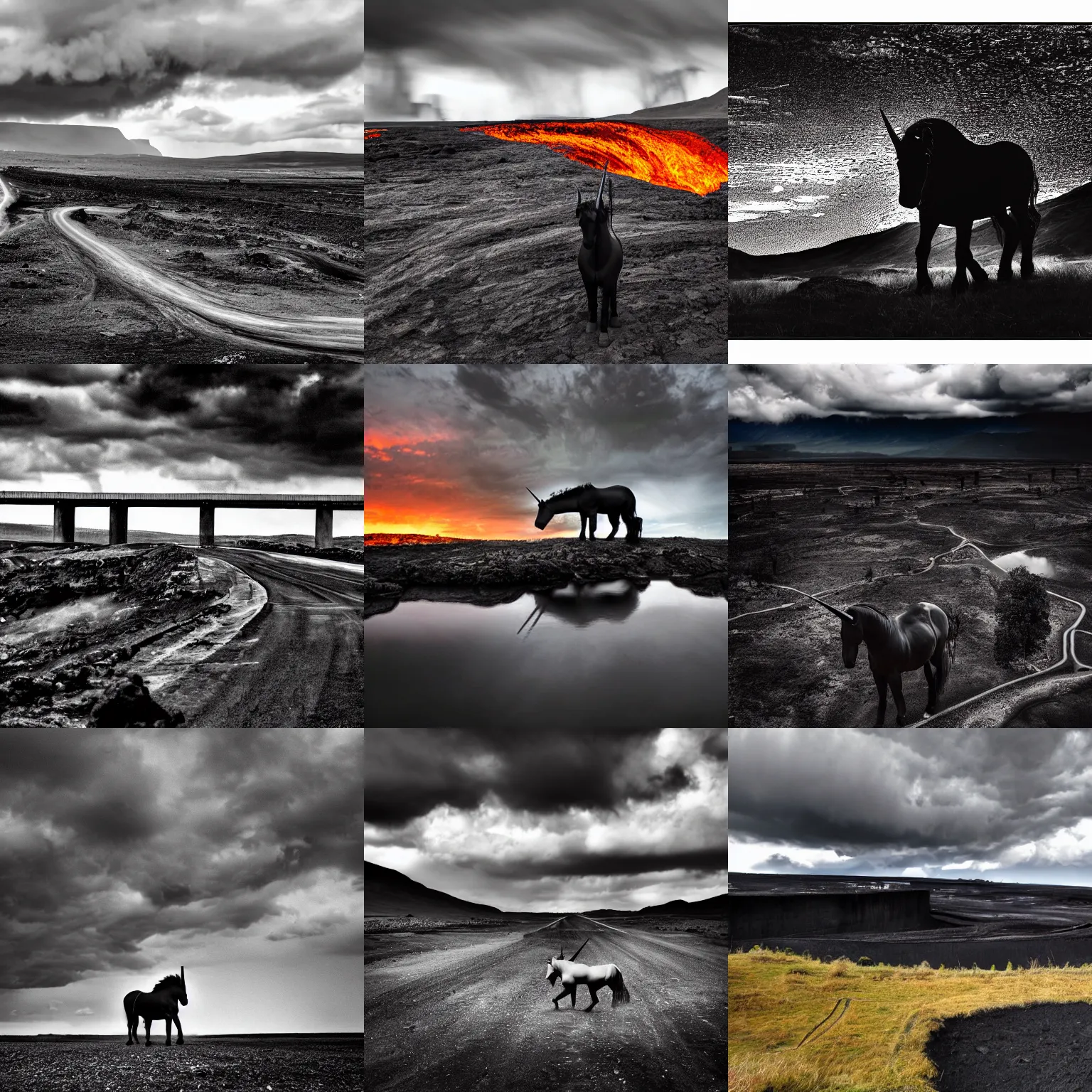Prompt: a black unicorn standing in front of a vast intricate landscape, lava rivers, bridges, steel pipes, phantasy, dark mood, dramatic clouds, godrays, by gurney