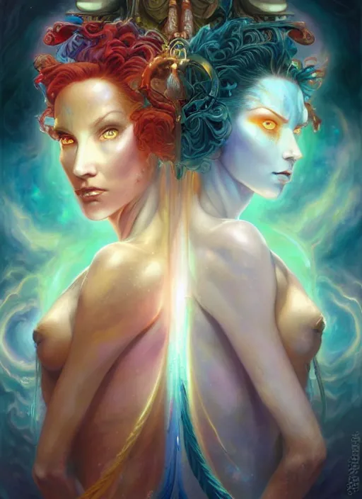 Image similar to beautiful gemini good and evil fantasy female character portrait, highly saturated colors, ultra realistic, wide angle, intricate details, the fifth element artifacts, holographic undertones, highly detailed by peter mohrbacher, hajime sorayama, wayne barlowe, boris vallejo, aaron horkey, gaston bussiere, craig mullins