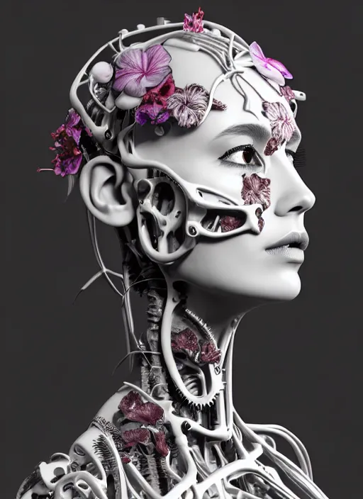 Image similar to monochrome 3 d model, biomechanical beautiful young female cyborg with porcelain profile face and a big floral eye, volumetric light, leaves foliage and stems, hibiscus flowers, boho floral vines, sinuous fine roots, fine foliage lace, alexander mcqueen, rim light, big gothic fashion pearl embroidered collar, steampunk, octane render, 8 k