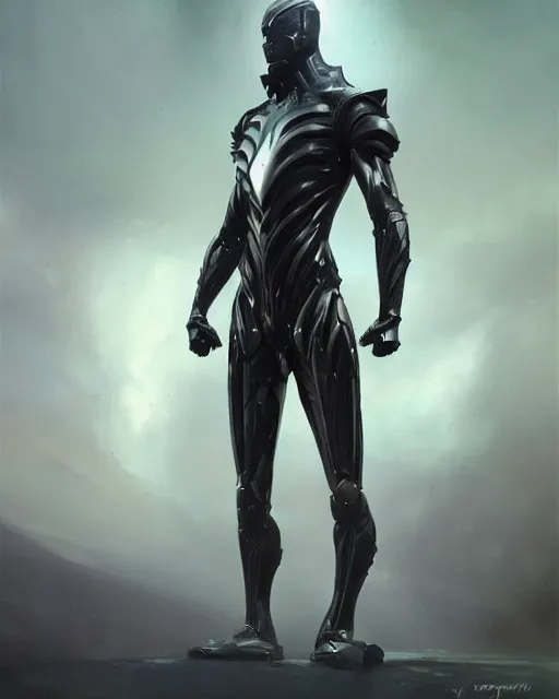 Image similar to wiry muscular male smooth sleek black pearlescent wraithbone sci - fi armor, by greg rutkowski and mark brookes and jim burns and tom bagshaw and magali villeneuve, trending on artstation