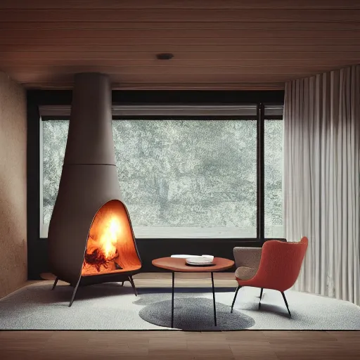 Image similar to two armchairs sitting in front of a cosy fireplace, modern home design interior, octane render, hyperrealistic, concrete archetecture, vray, volumetric lighting, cinema 4 d, unreal engine