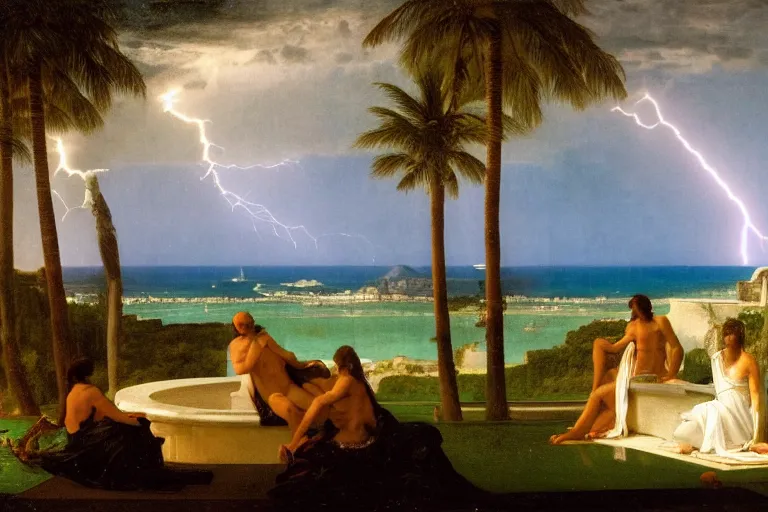 Image similar to From inside of the palace, refracted lightnings on the ocean, thunderstorm, greek pool, beach and Tropical vegetation on the background major arcana sky and occult symbols, by paul delaroche, hyperrealistic 4k uhd, award-winning, very detailed paradise