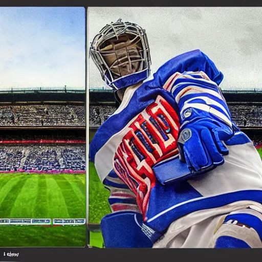 Prompt: Igor shesterkin in goal for the N.Y. Rangers 8k resolution hyperdetailed photorealism HDR