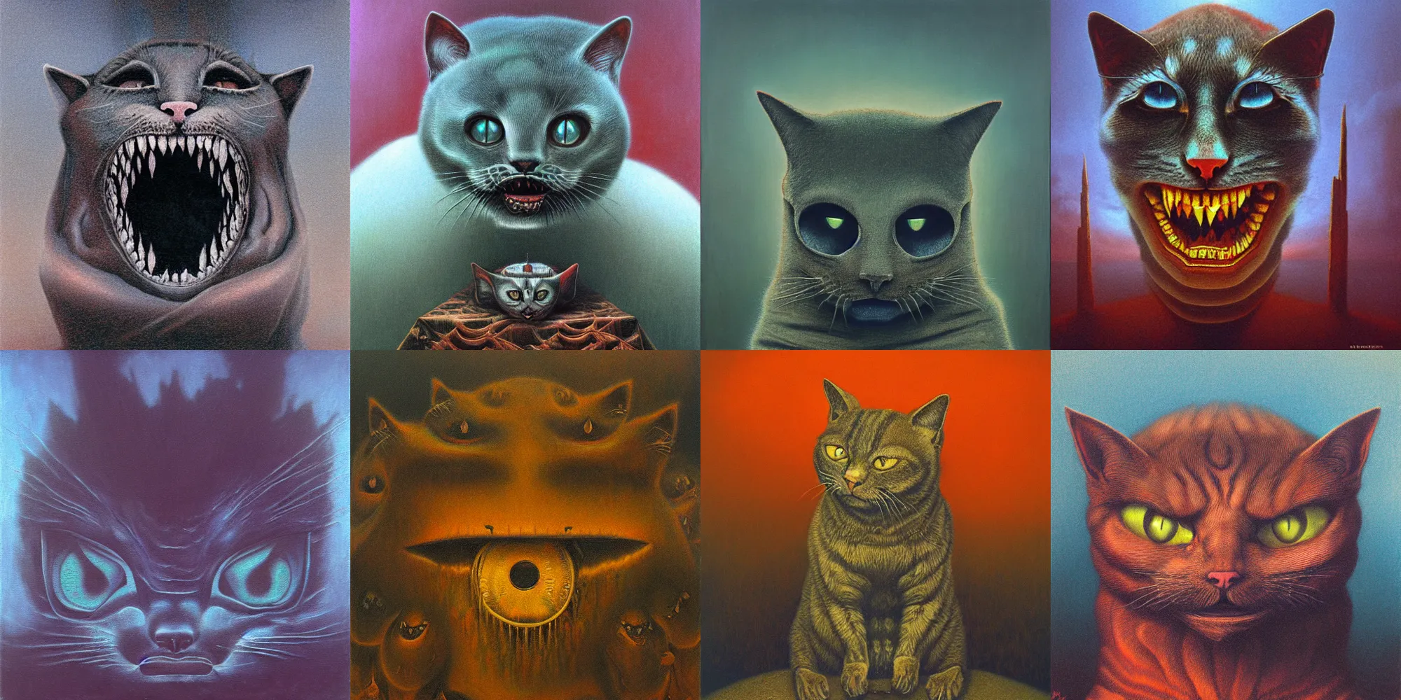 Image similar to grinning evil cat, HD, award winning, in style of beksinski, film grain, medium format, 8k resolution, oil on canvas