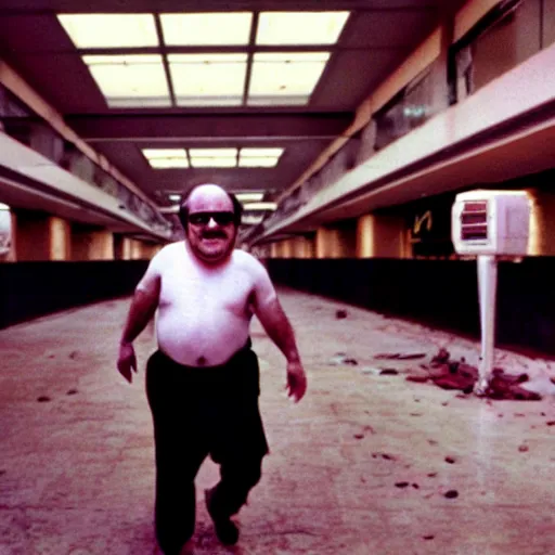 Image similar to A creepy photo of Danny Devito chasing you in an abandoned shopping mall, disposable film