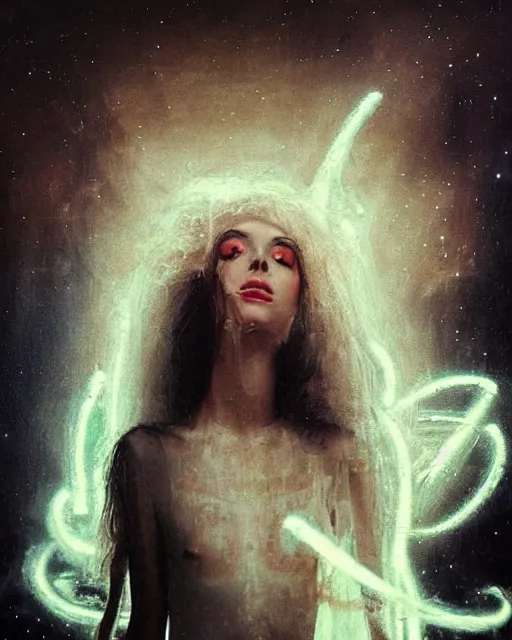 Prompt: a beautiful and eerie baroque painting of a gorgeous young woman in dead space, with wild hair and haunted eyes, 1 9 7 0 s, space station, neon light, delicate ex embellishments, painterly