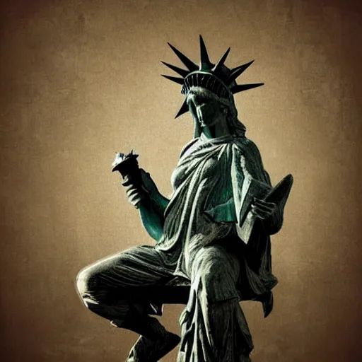 Prompt: photomanipulation of statue of liberty sitting down with legs crossed, humor, ultrarealism, detailed, trending on artstation