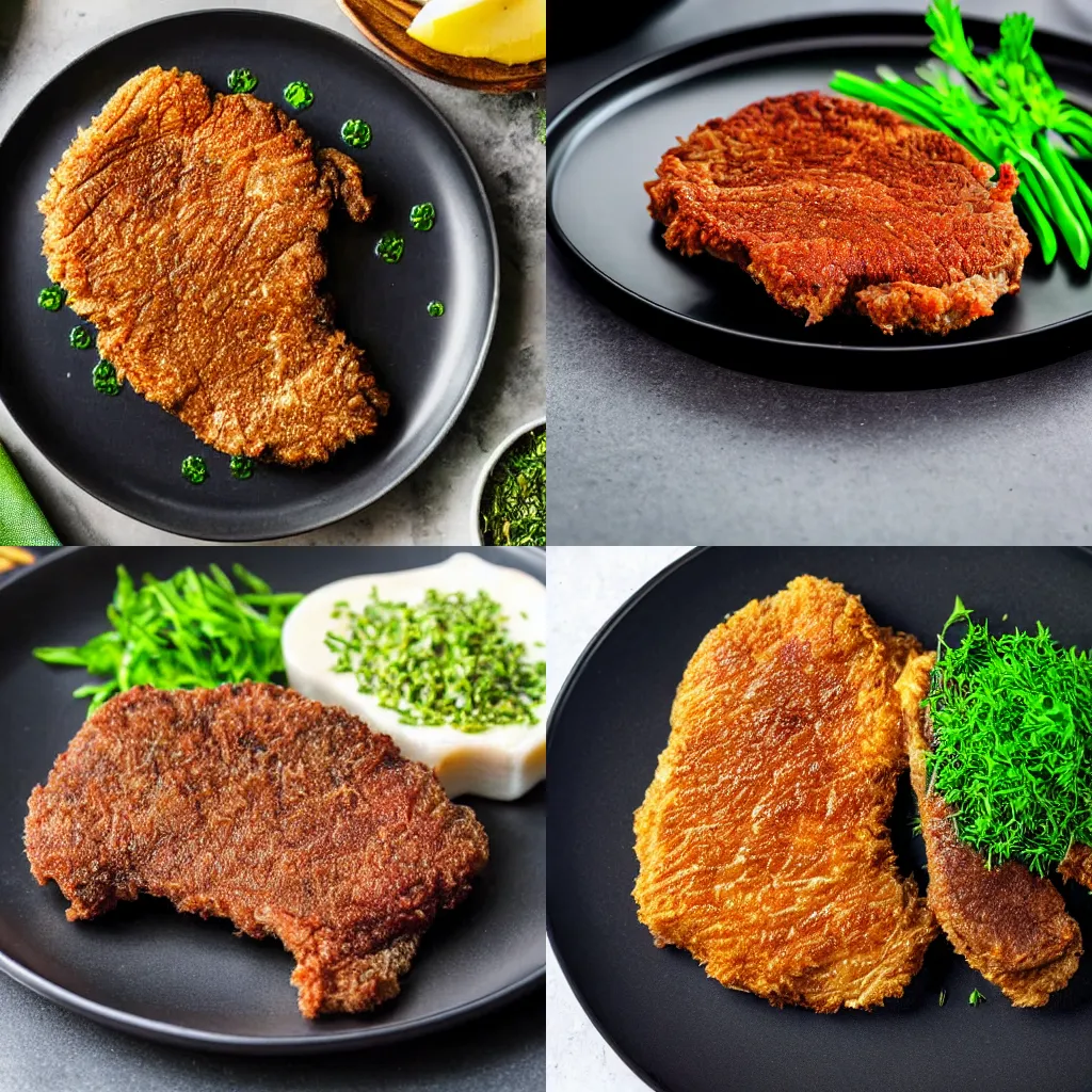 Prompt: A rare fried steak on a black plate with green herbs.