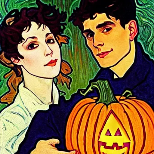 Prompt: painting of handsome young delicate beautiful jeffrey in his 2 0 s with brown hair and gorgeous rina together at the giant jack o'lantern halloween party holding pumpkins, elegant, clear, painting, stylized, art, art by alphonse mucha, vincent van gogh, egon schiele,