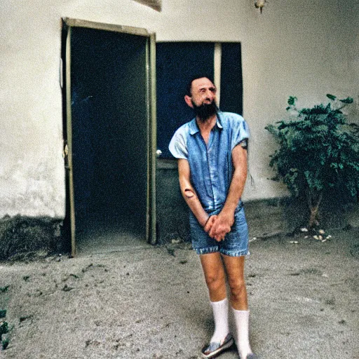 Prompt: fidel castro wearing denim shorts, full body portrait, 3 5 mm film, by nan goldin