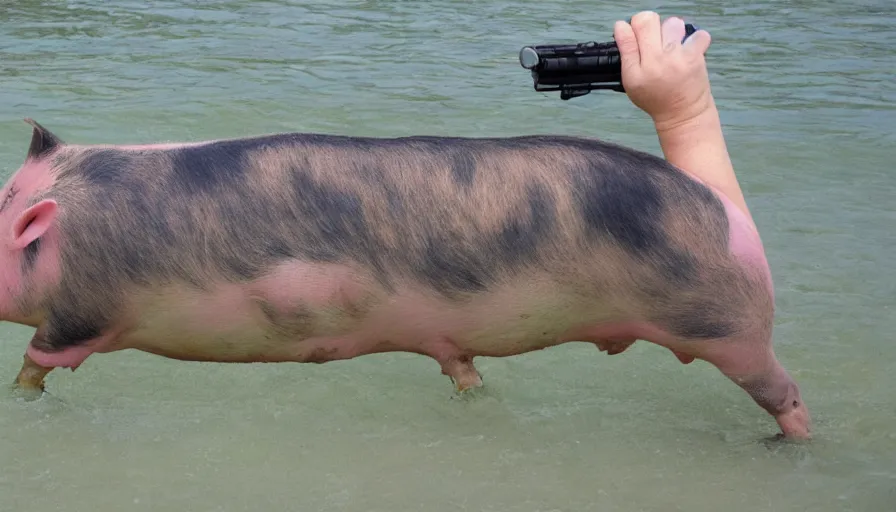 Image similar to half pig half fish hybrid armed with an uzi